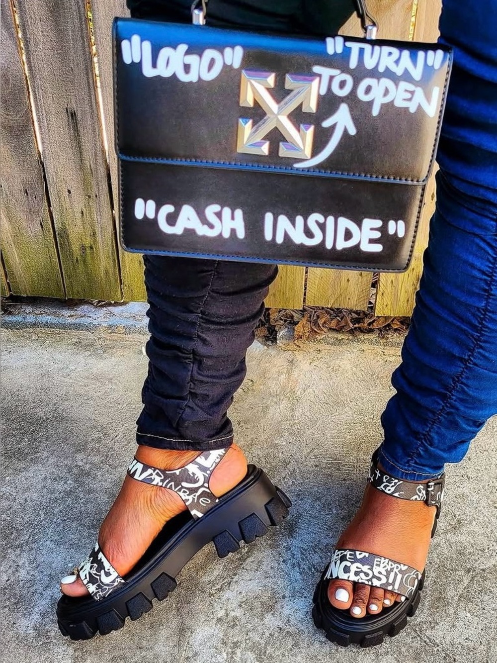 NEW women’s  Black and white graffiti Platform Sandals size 5-7.5